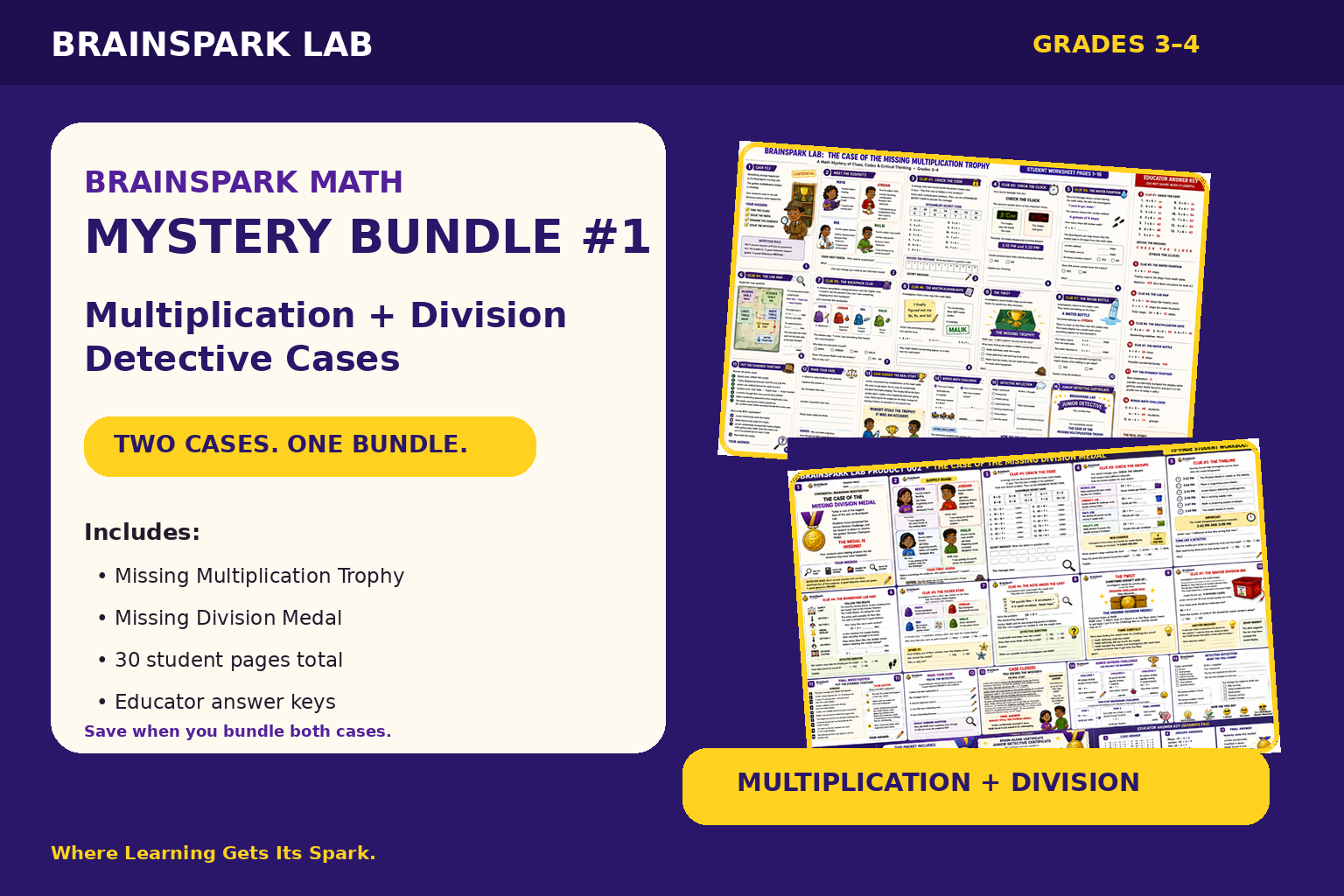BrainSpark Math Mystery Bundle #1 — multiplication and division detective cases for Grades 3–4