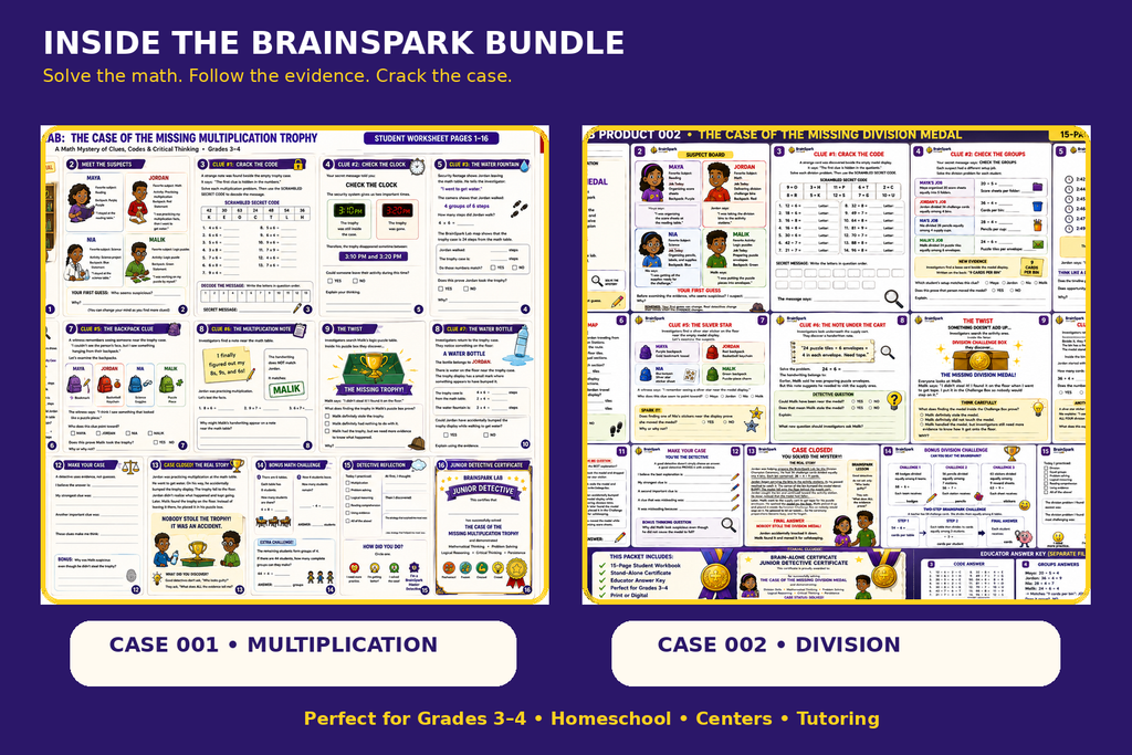 Inside look at BrainSpark Math Mystery Bundle #1 with multiplication and division detective case workbook previews