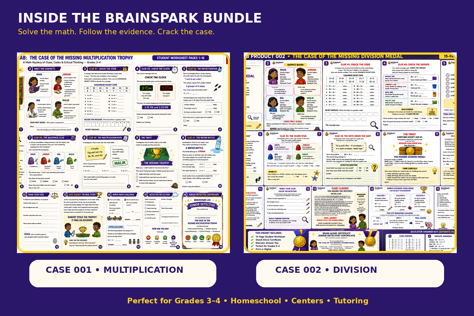 Inside look at BrainSpark Math Mystery Bundle #1 with multiplication and division detective case workbook previews