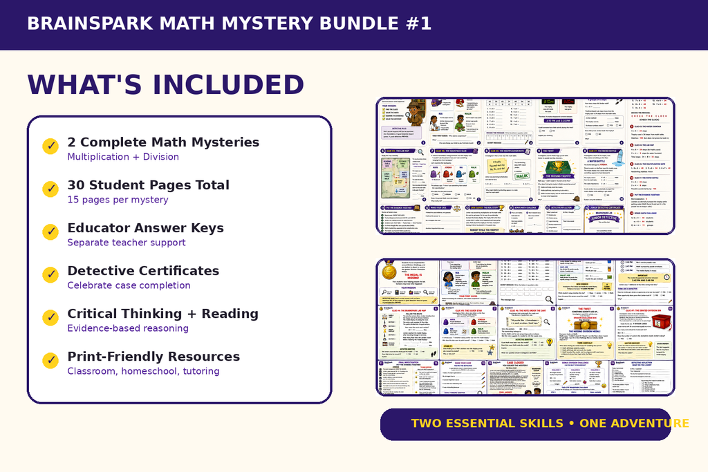 What is included in BrainSpark Math Mystery Bundle #1: two math mysteries, 30 student pages, answer keys, certificates, and critical-thinking practice