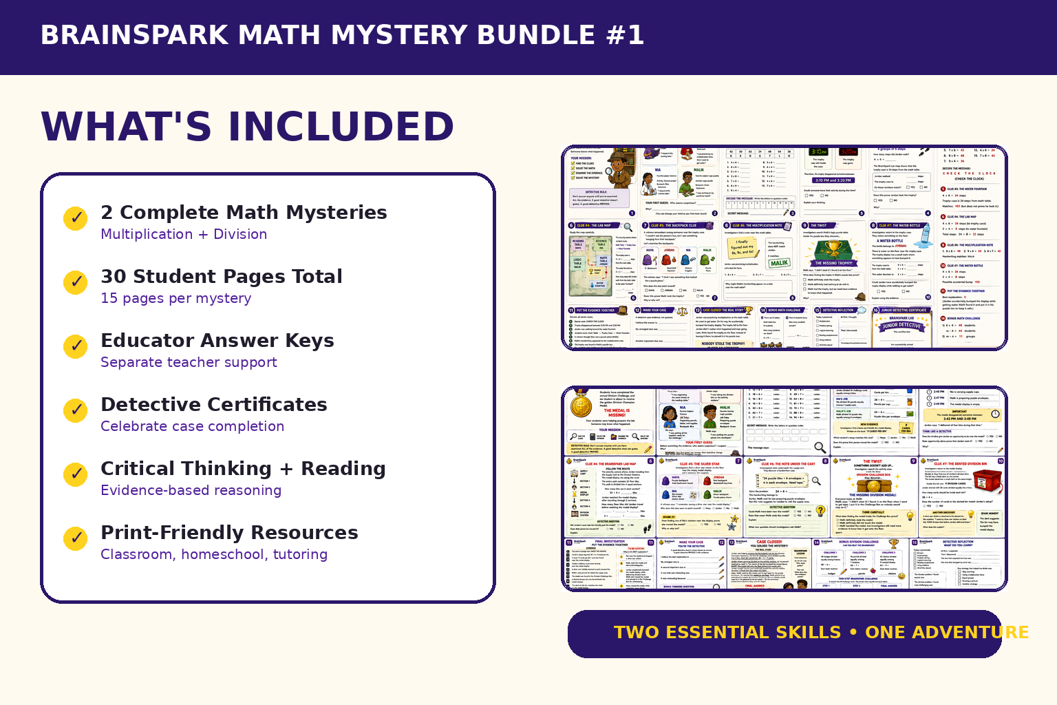 What is included in BrainSpark Math Mystery Bundle #1: two math mysteries, 30 student pages, answer keys, certificates, and critical-thinking practice