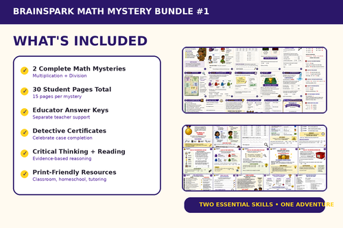 What is included in BrainSpark Math Mystery Bundle #1: two math mysteries, 30 student pages, answer keys, certificates, and critical-thinking practice