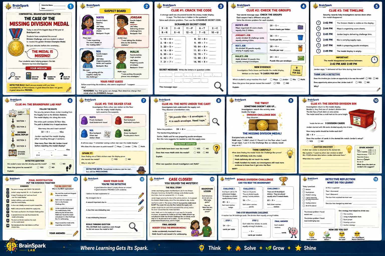 Inside look at the 15-page BrainSpark Lab Missing Division Medal math mystery packet