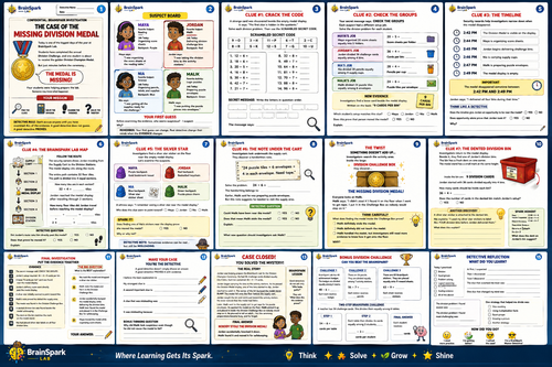Inside look at the 15-page BrainSpark Lab Missing Division Medal math mystery packet