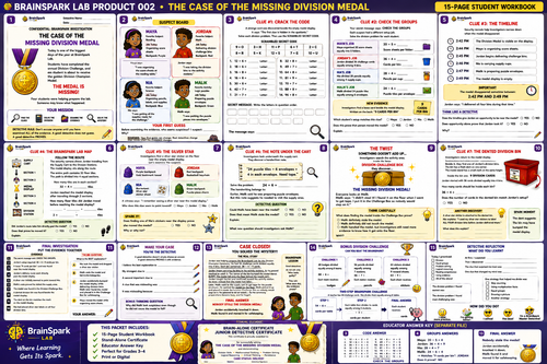 BrainSpark Lab Product 002 — The Case of the Missing Division Medal, Grades 3–4 division math mystery workbook preview