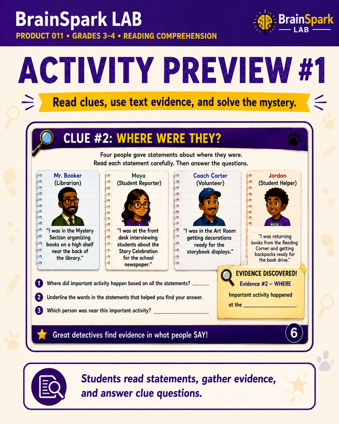 Activity preview from The Reading Detective showing students reading statements and gathering evidence