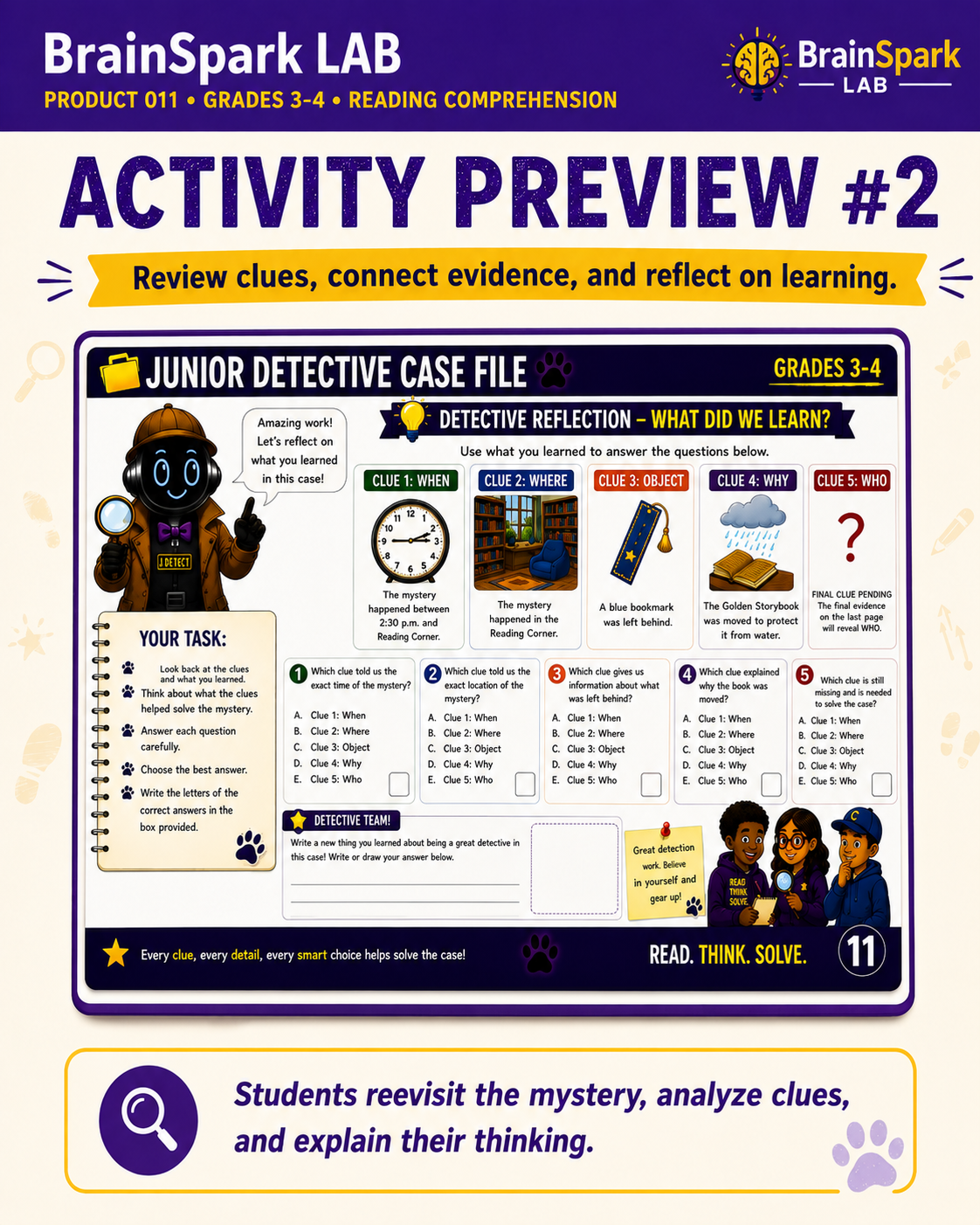 Activity preview from The Reading Detective showing students reviewing clues and reflecting on evidence