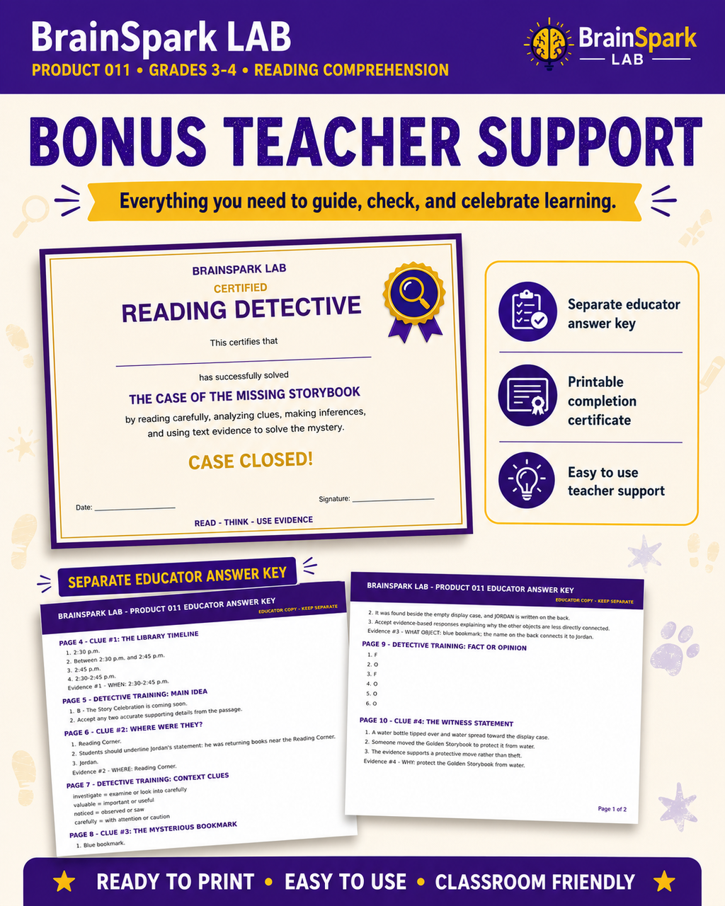 BrainSpark Product 011 separate educator answer key and Reading Detective certificate