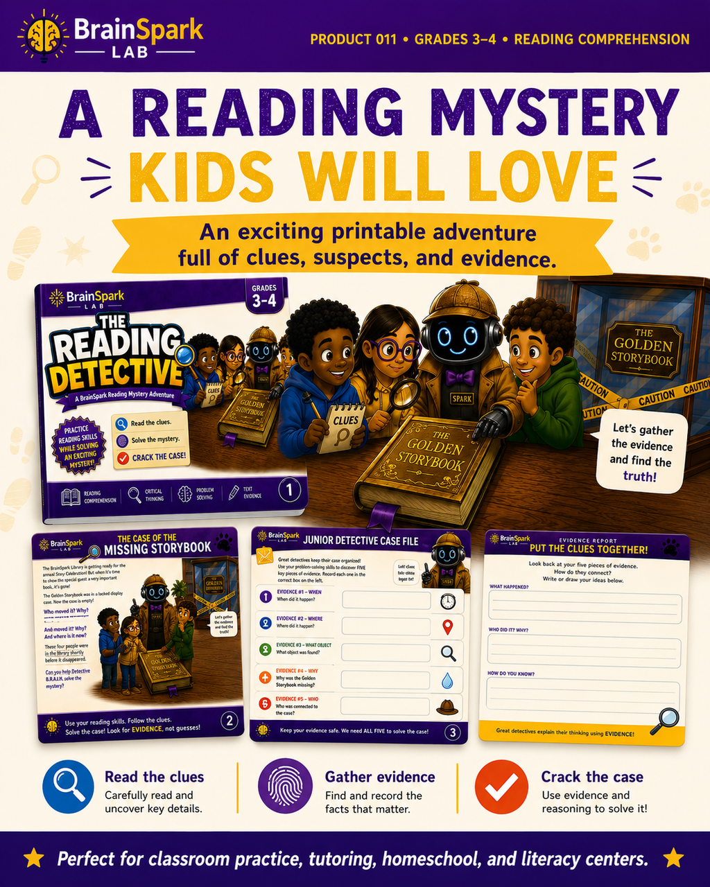 BrainSpark Reading Detective mystery experience with clues suspects and evidence