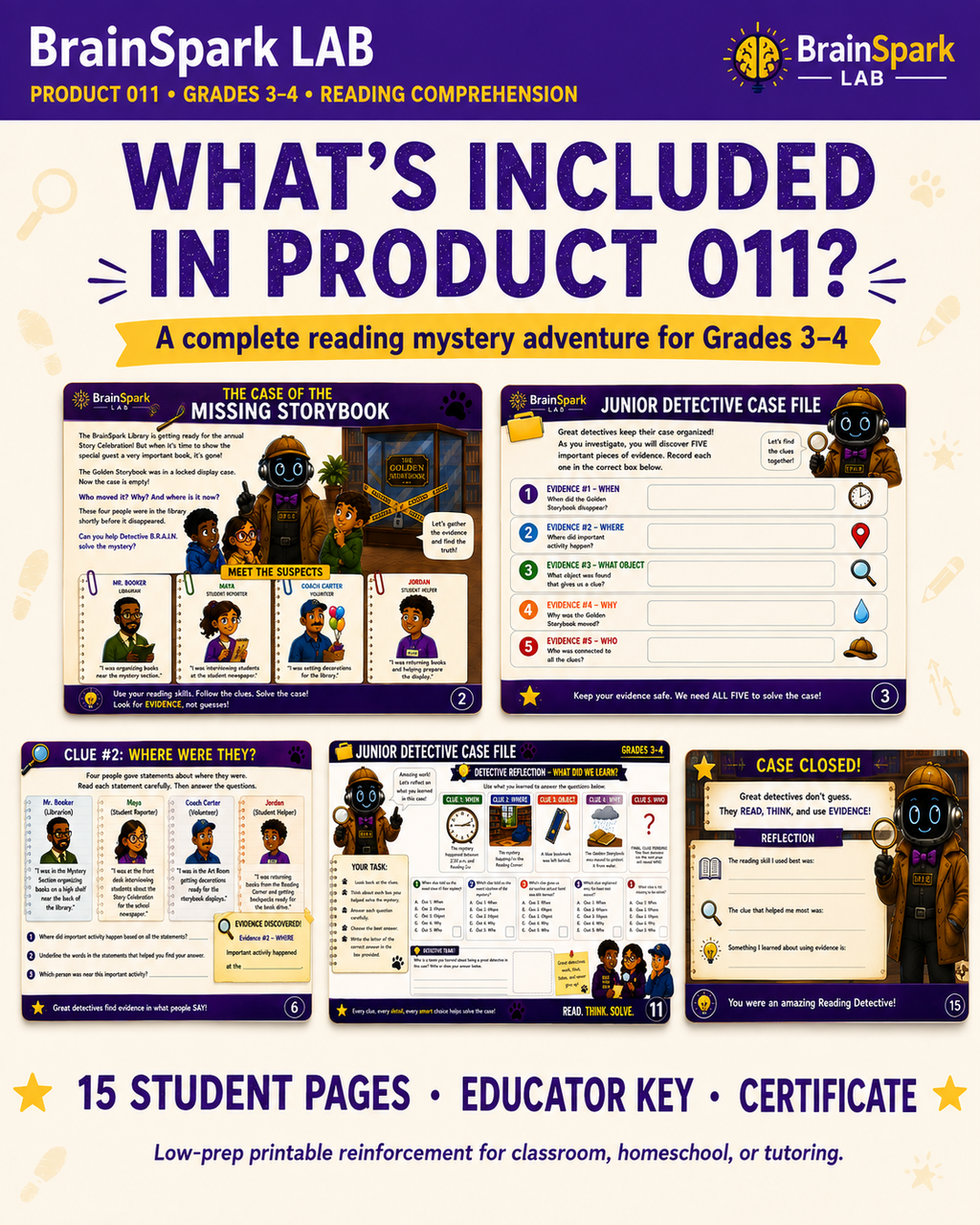 What's included in BrainSpark Product 011 The Reading Detective