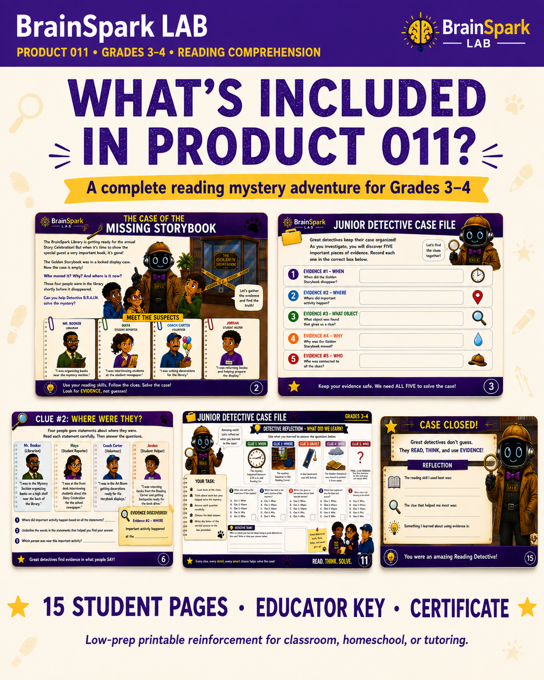 What's included in BrainSpark Product 011 The Reading Detective