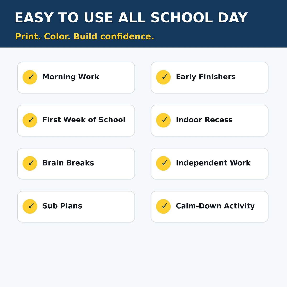 Classroom uses for BrainSpark Lab Back to School Color by Number worksheets including morning work, early finishers, indoor recess, brain breaks, and independent work