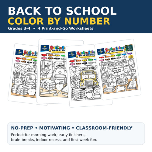 Back to School Color by Number Worksheets for Grades 3-4 by BrainSpark Lab