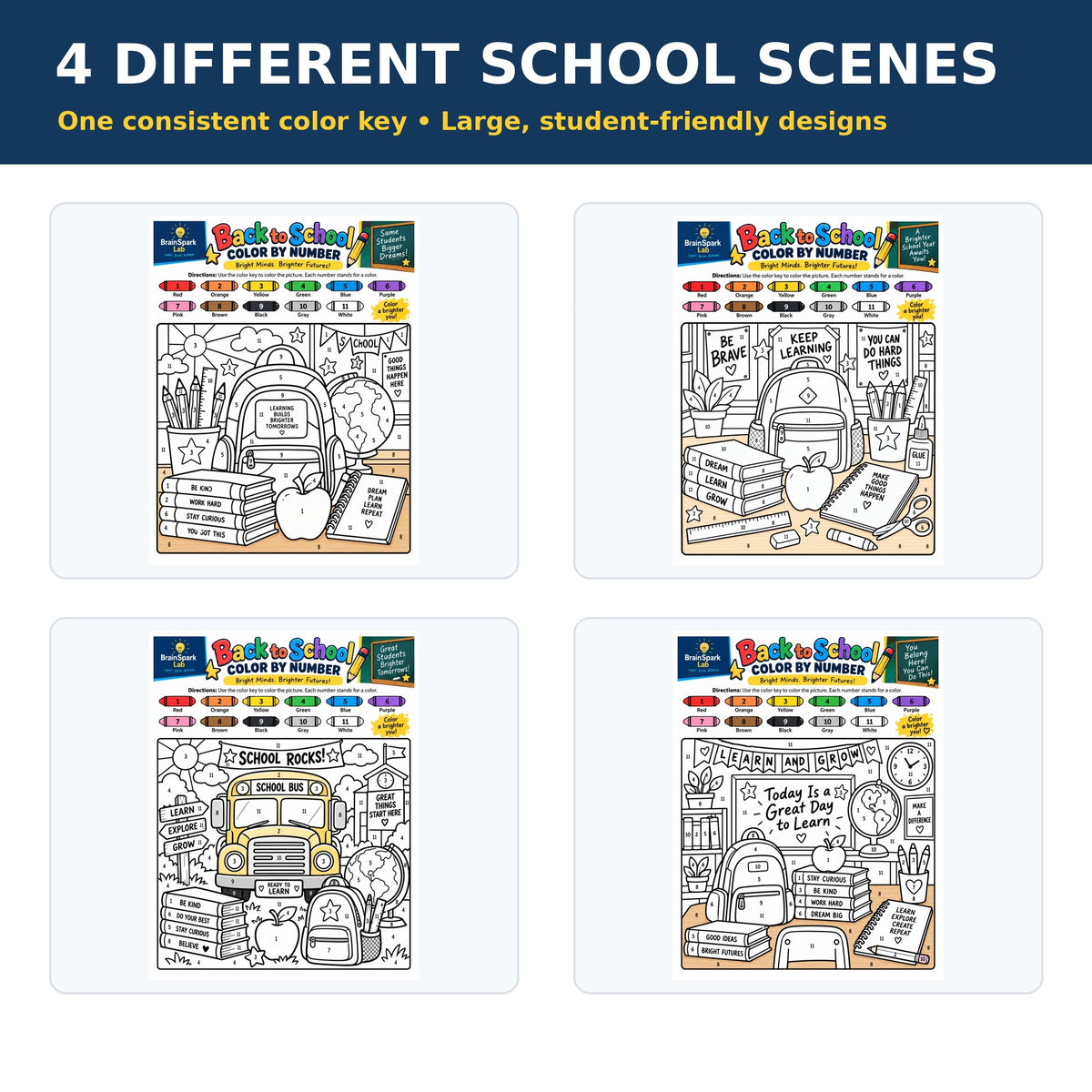 Preview of all four BrainSpark Lab Back to School Color by Number worksheets for Grades 3-4