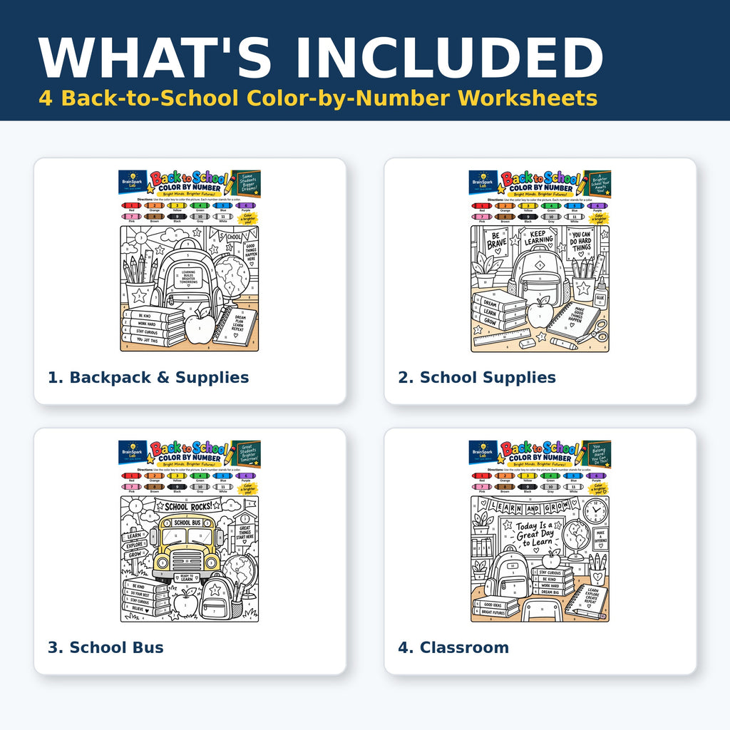 What's included in the BrainSpark Lab Back to School Color by Number set: four printable worksheets for Grades 3-4