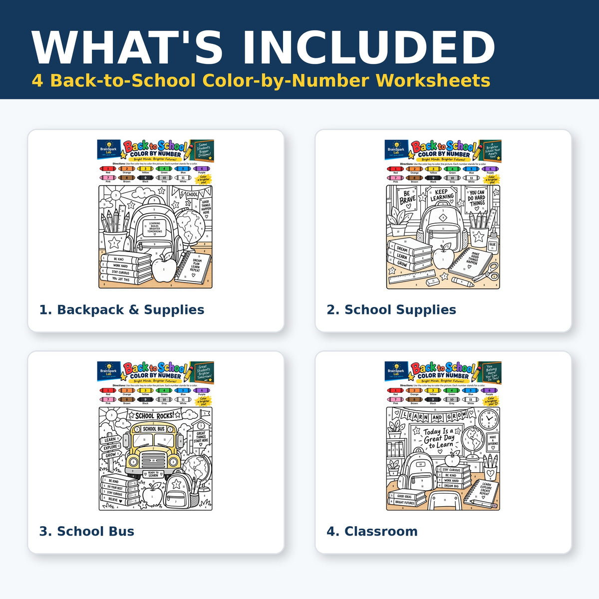 What's included in the BrainSpark Lab Back to School Color by Number set: four printable worksheets for Grades 3-4