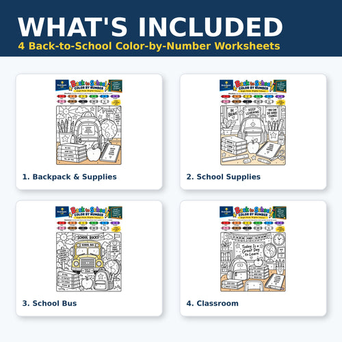 What's included in the BrainSpark Lab Back to School Color by Number set: four printable worksheets for Grades 3-4