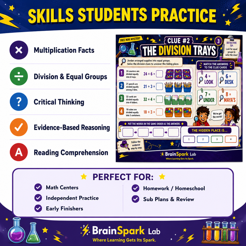 Skills Students Practice graphic for the free Missing Spark Key math mystery