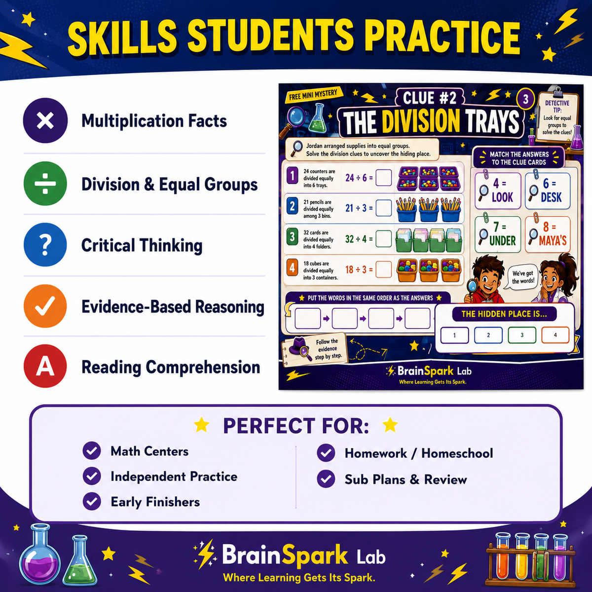 Skills Students Practice graphic for the free Missing Spark Key math mystery