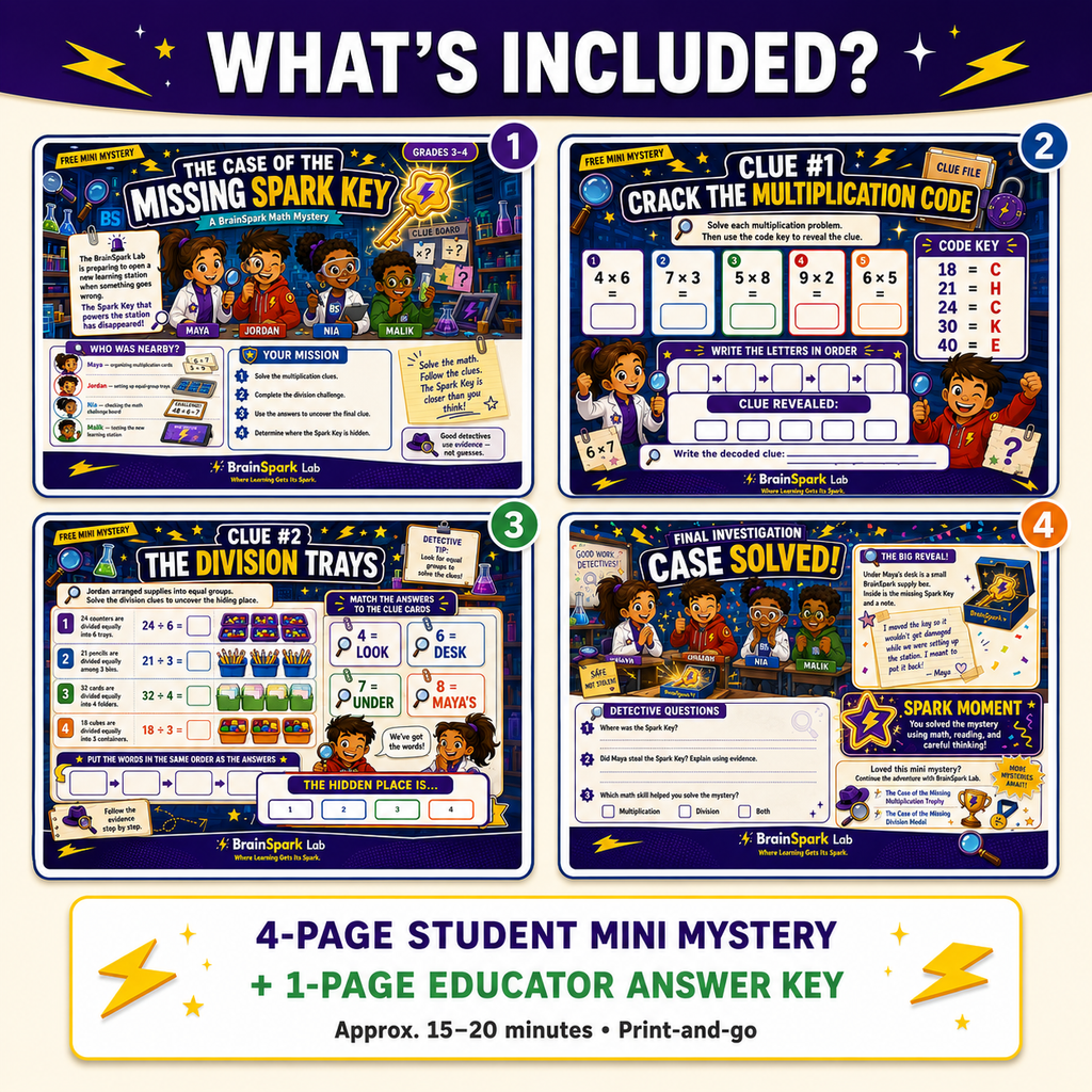 What's Included graphic for the free Missing Spark Key math mystery showing the four student pages and educator answer key