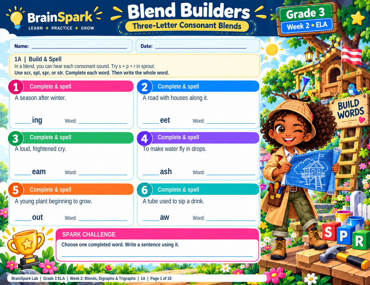 BrainSpark Lab Grade 3 Week 2 ELA worksheet preview, page 1