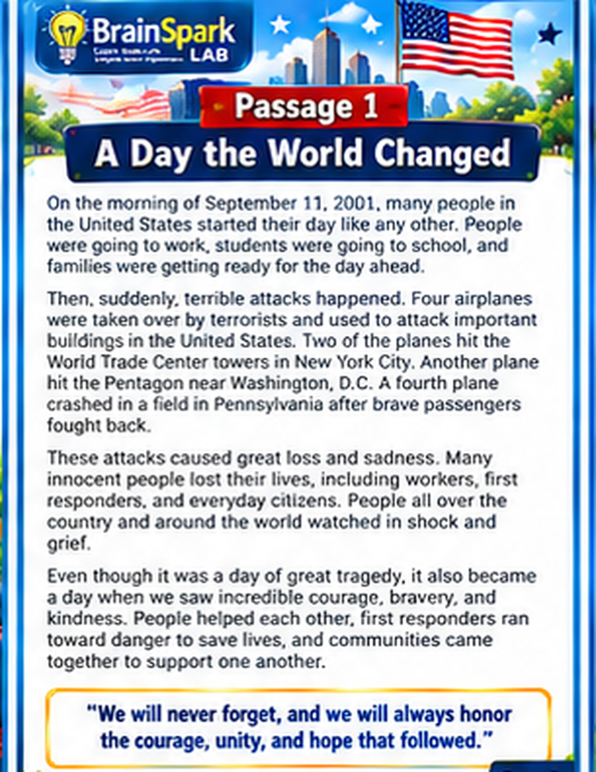 Remembering September 11th reading passage worksheet preview