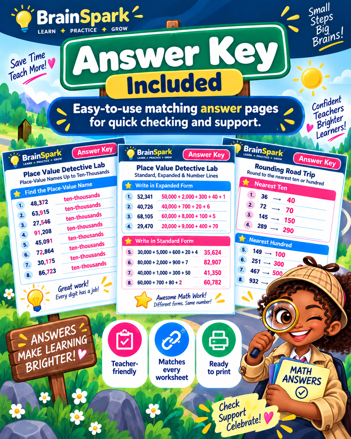 Answer key preview for BrainSpark Grade 3 Math Week 1 Place Value and Rounding