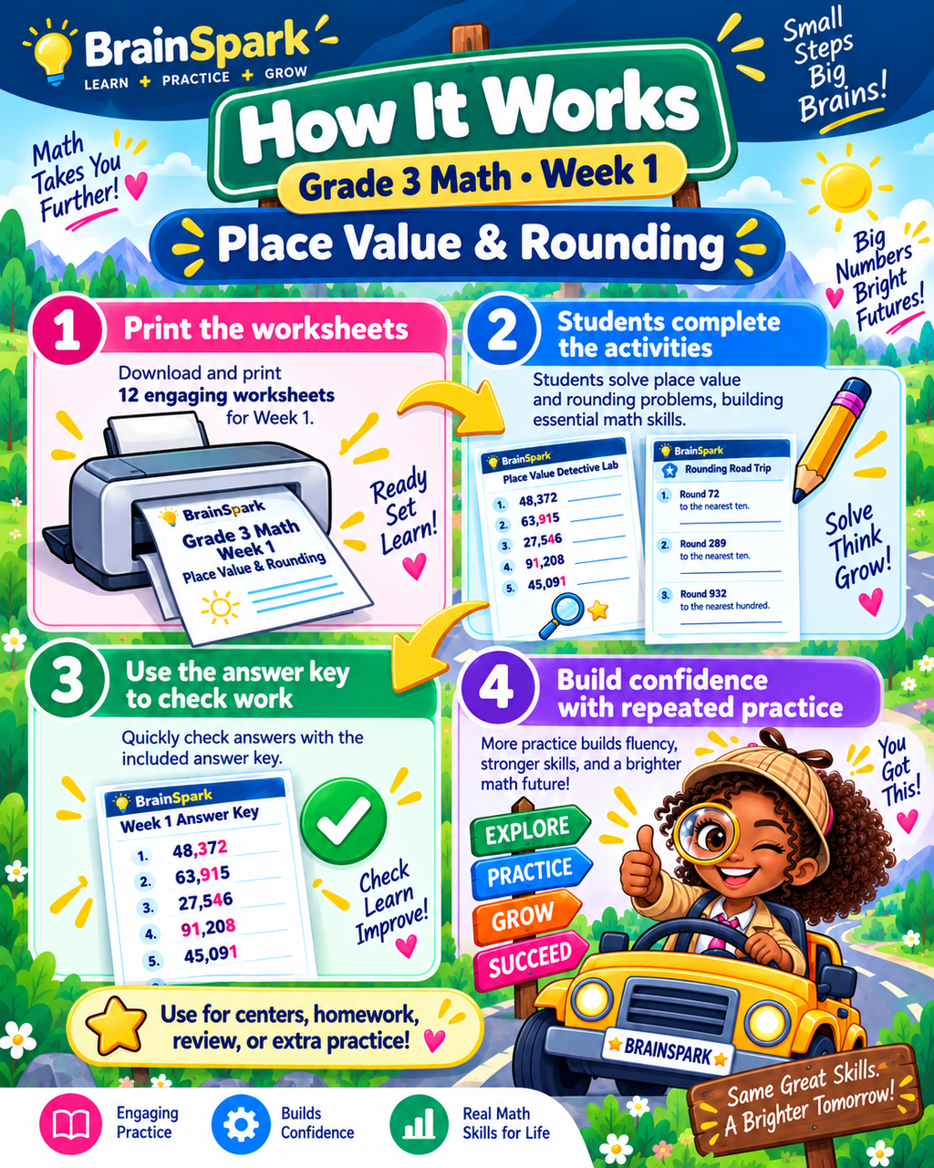 How the BrainSpark Grade 3 Math Week 1 Place Value and Rounding resource works