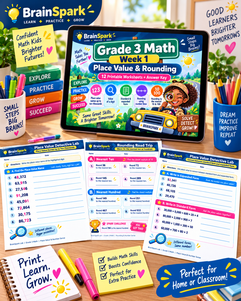 BrainSpark Grade 3 Math Week 1 Place Value and Rounding lifestyle worksheet mockup