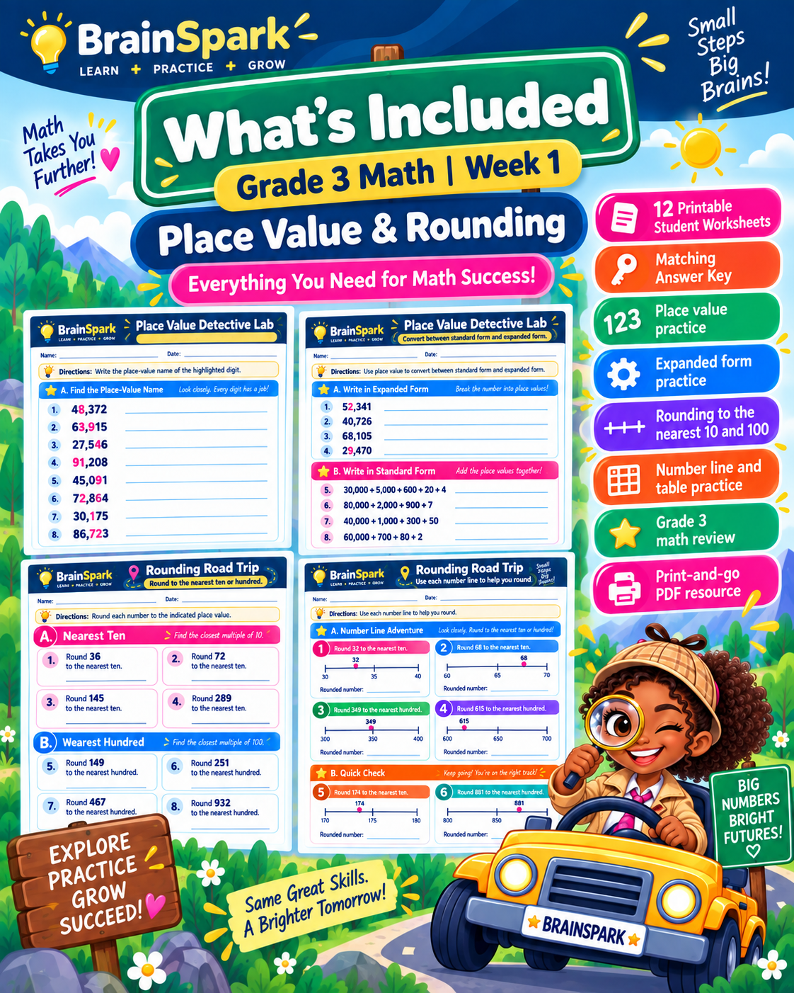BrainSpark Grade 3 Math Week 1 Place Value and Rounding printable worksheet pack