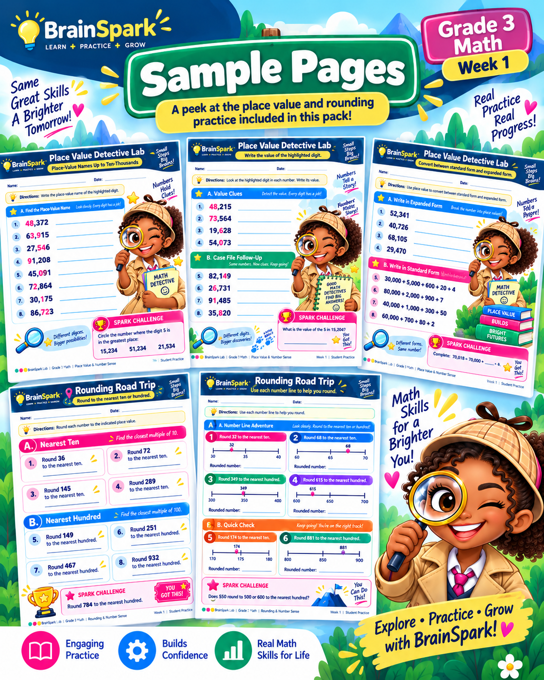 Sample pages from BrainSpark Grade 3 Math Week 1 Place Value and Rounding worksheets