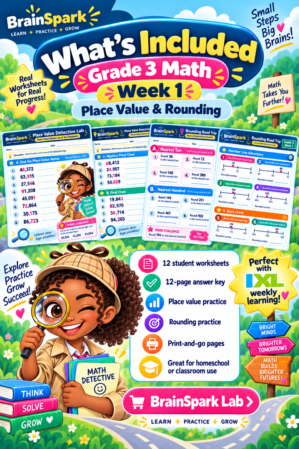 What's included in BrainSpark Grade 3 Math Week 1 Place Value and Rounding pack