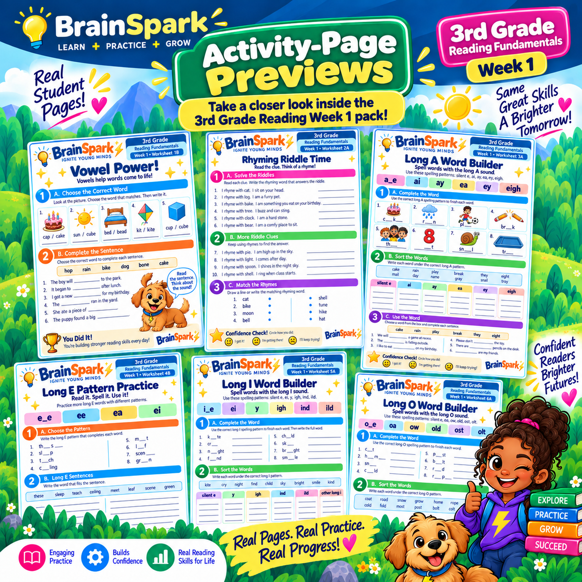 Activity page previews from BrainSpark Grade 3 Reading Week 1 Short and Long Vowels worksheets