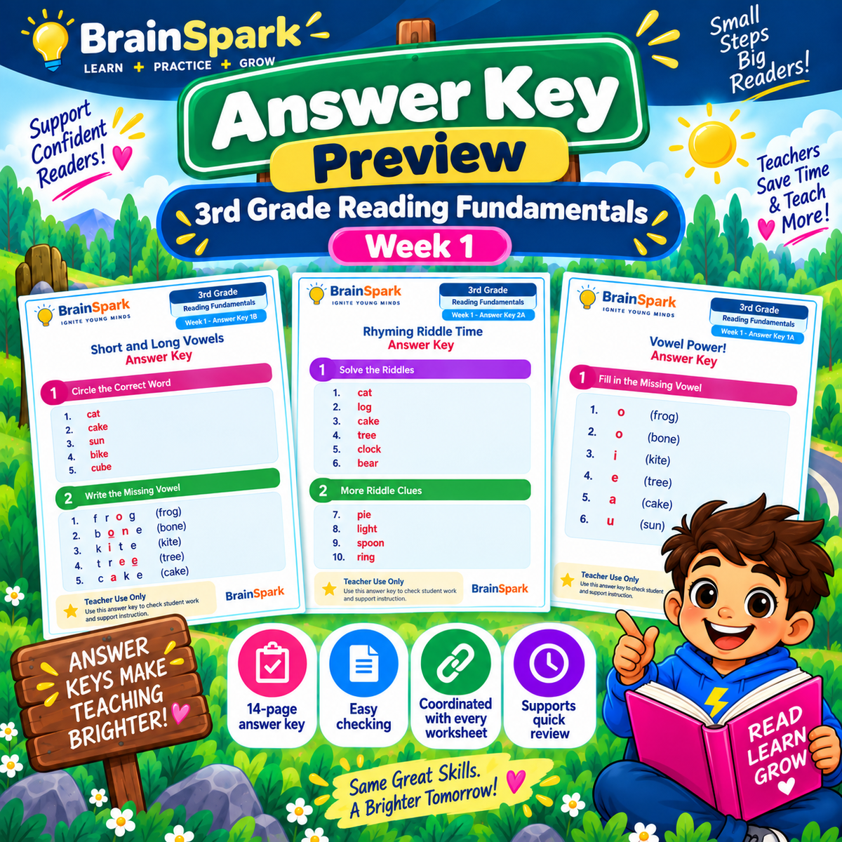 Answer key preview for BrainSpark Grade 3 Reading Week 1 Short and Long Vowels
