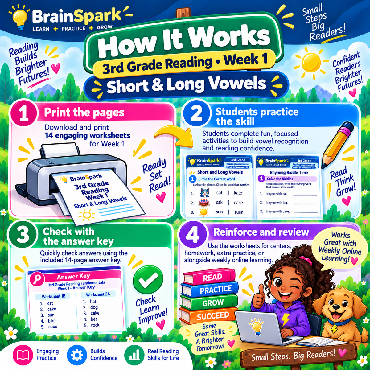 How the BrainSpark Grade 3 Reading Week 1 Short and Long Vowels resource works