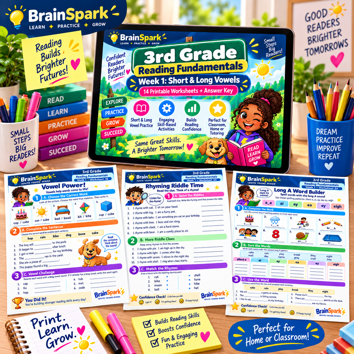 BrainSpark Grade 3 Reading Week 1 Short and Long Vowels lifestyle worksheet mockup