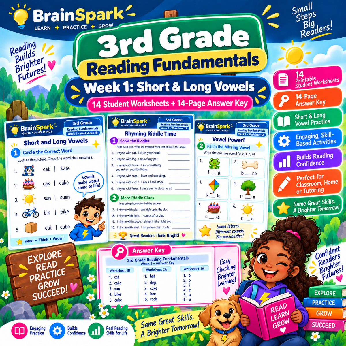 BrainSpark Grade 3 Reading Week 1 Short and Long Vowels printable worksheet pack