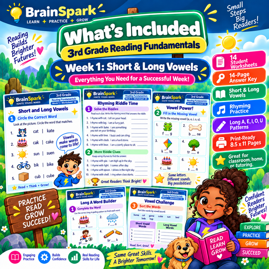 What's included in BrainSpark Grade 3 Reading Week 1 Short and Long Vowels pack
