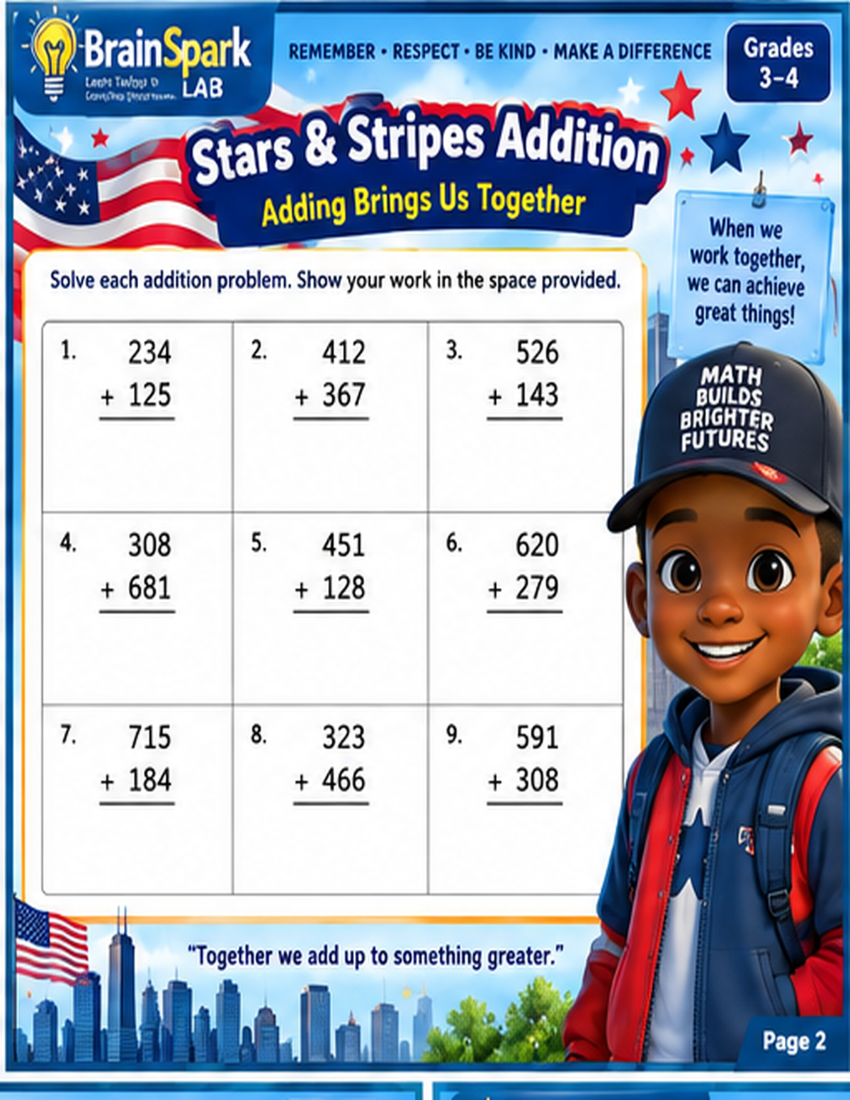 Patriot Math Mission addition worksheet preview