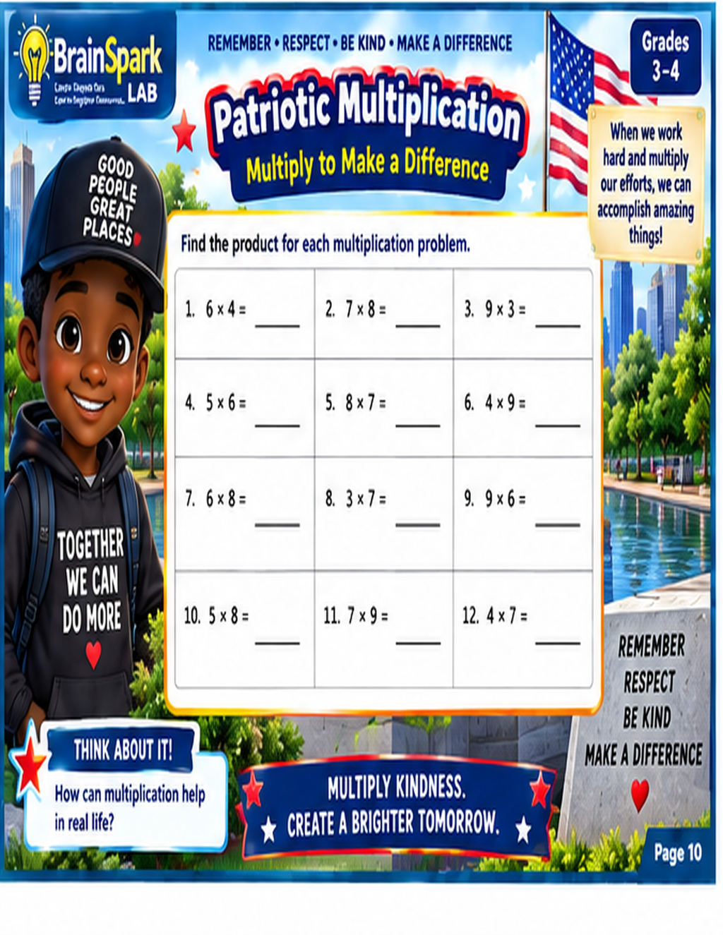 Patriot Math Mission multiplication worksheet preview