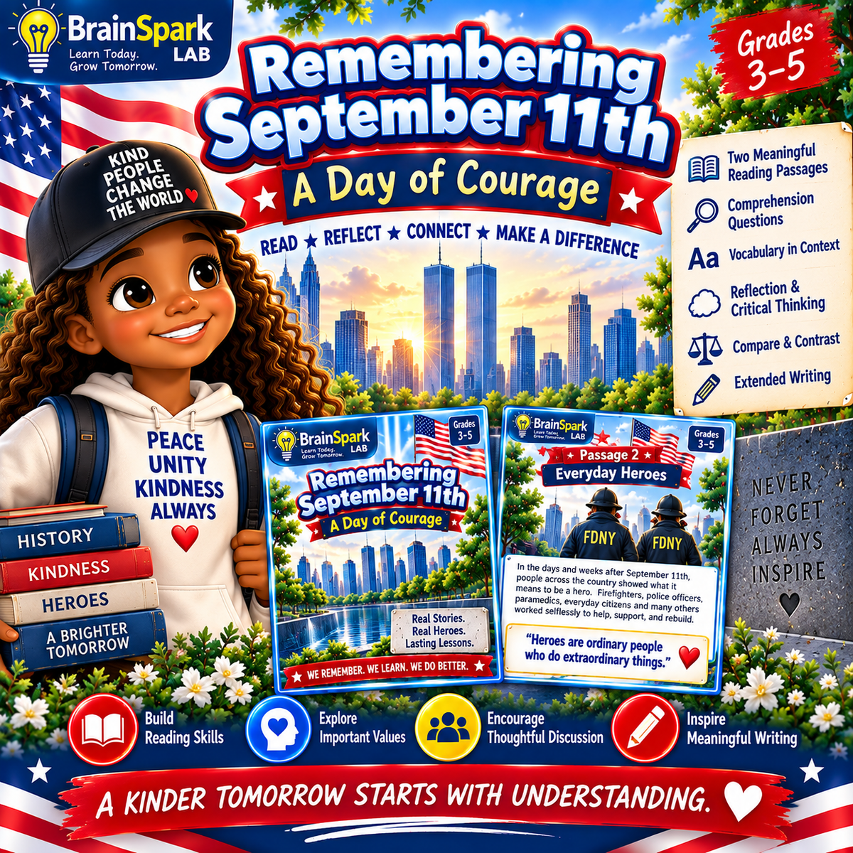 Remembering September 11th A Day of Courage ELA packet Grades 3-5